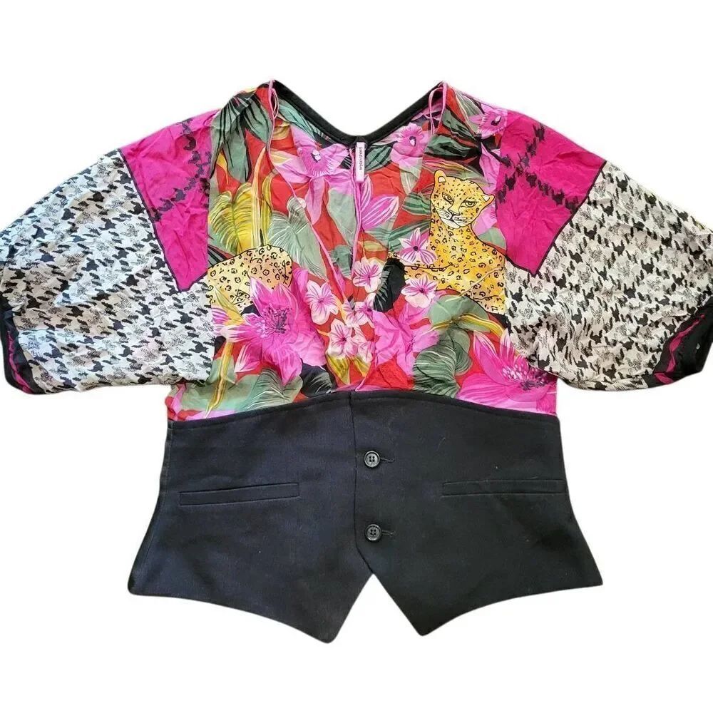 Vintage 90s Recycled Scarf Blouse Women's XS Tropical Jaguar Art Kitsch